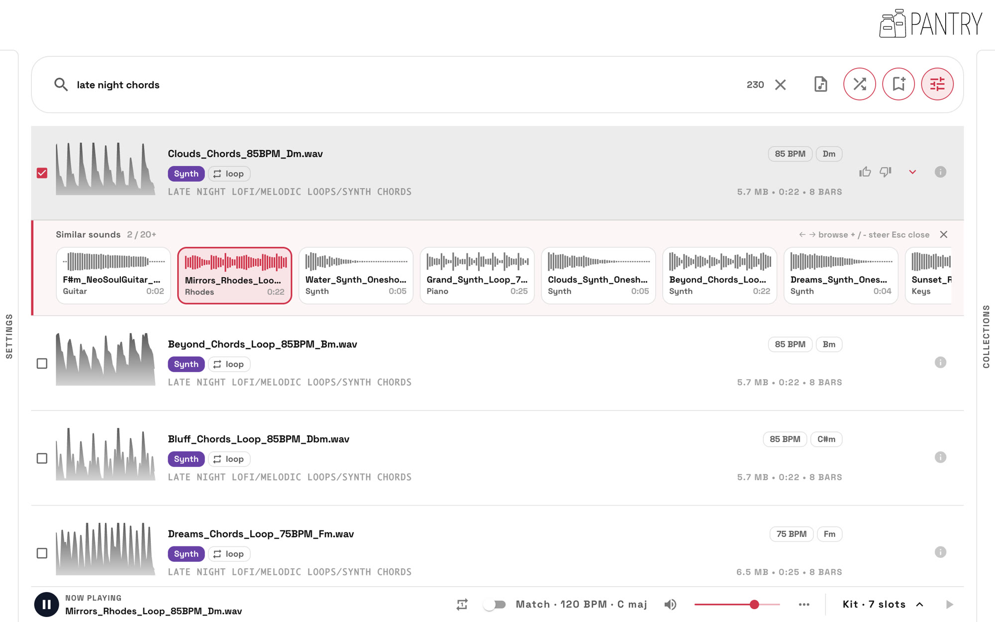 Pantry showing loops found for “late night chords”, with similar sounds open under the first result